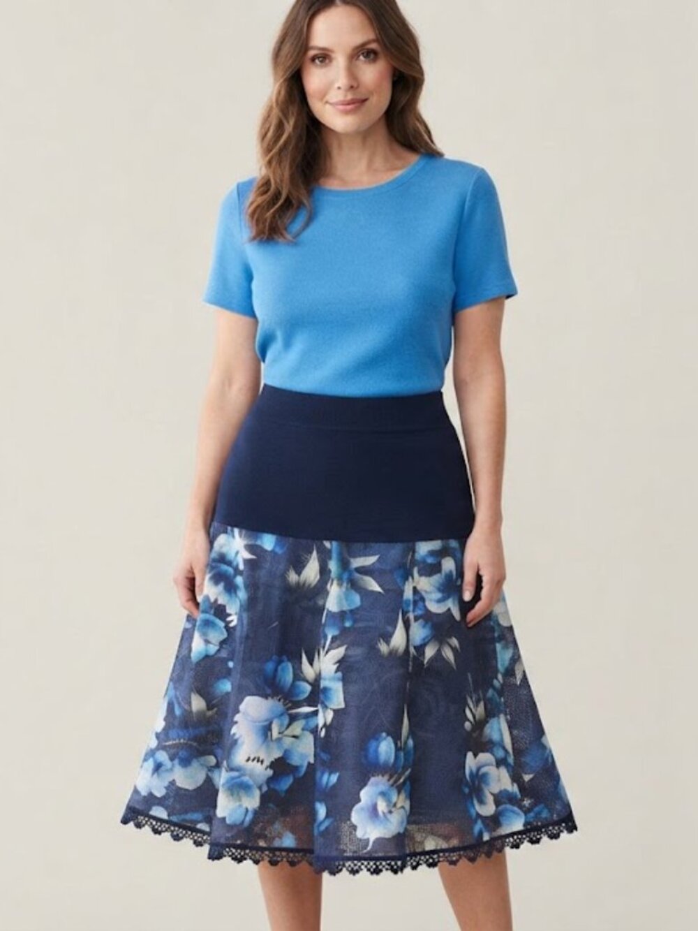 NWT Valentina Naldi Italian Linen Floral Skirt Stretch Knit Waistband - Size M
